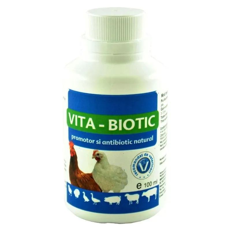 Flaconul alb de 100 ml de Vita-Biotic, promotor natural pentru păsări și porci, cu eticheta albastră