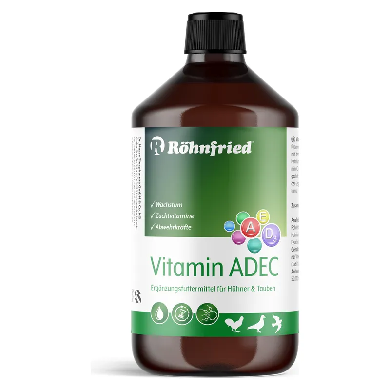 Flaconul de Vitamin ADEC Röhnfried, supliment lichid cu vitamine pentru porumbei și păsări