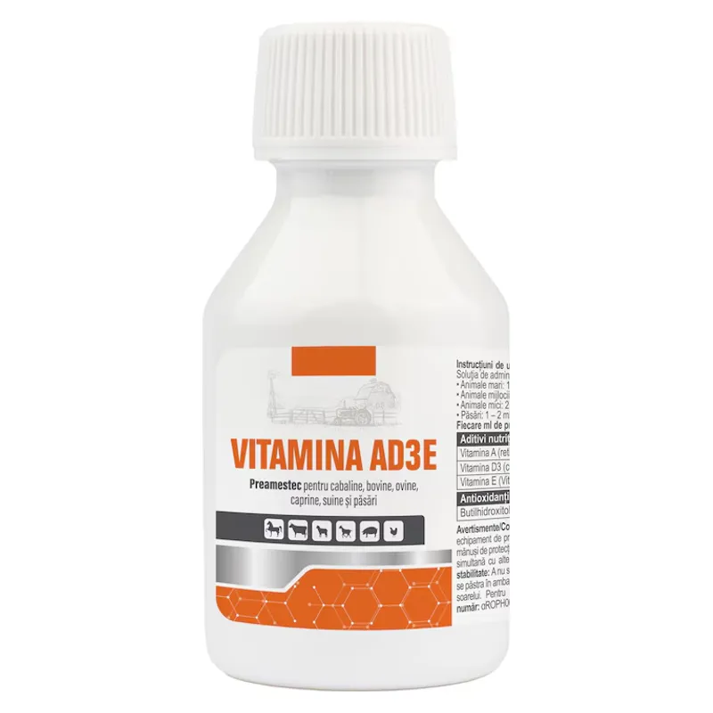 Flaconul de Vitamina AD3E preamestec de 100 ml, în ambalajul Farmavet