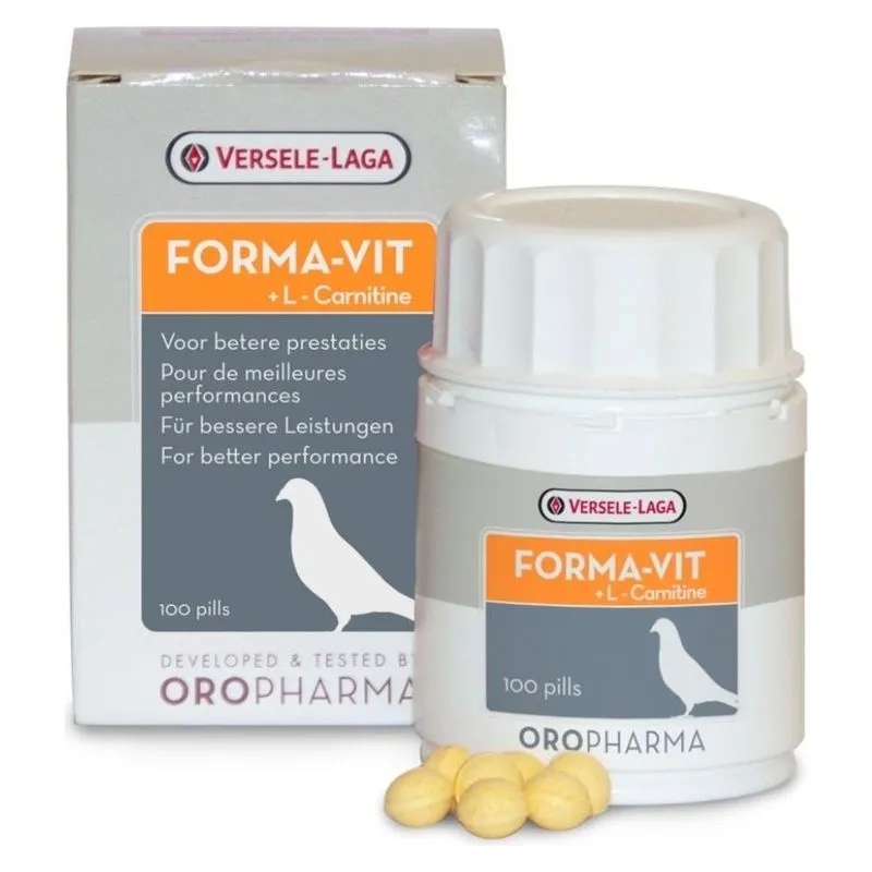 Cutia și flaconul de 100 de comprimate Forma-Vit Oropharma, supliment cu L-carnitină pentru porumbei