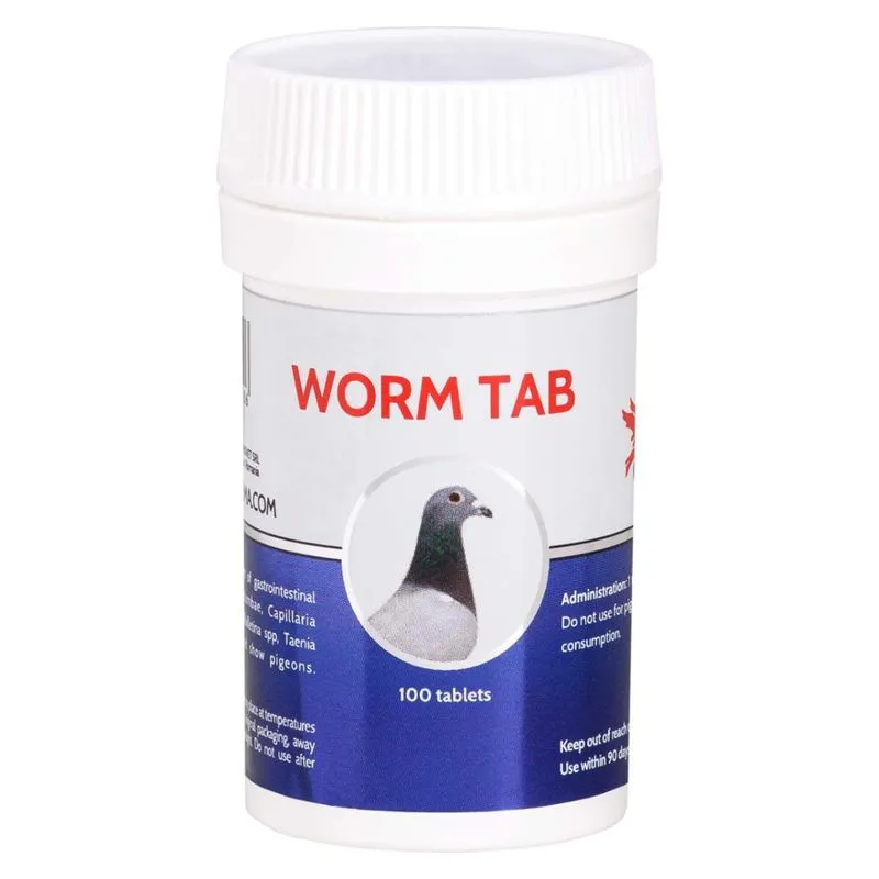 Flaconul alb de 100 de comprimate Worm Tab pentru porumbei, cu eticheta albastră și un porumbel în medalion