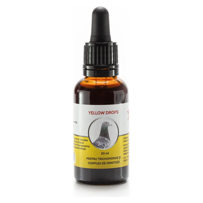 Flaconul de 30 ml cu pipetă de Yellow Drops Cest Pharma, picături pentru porumbei